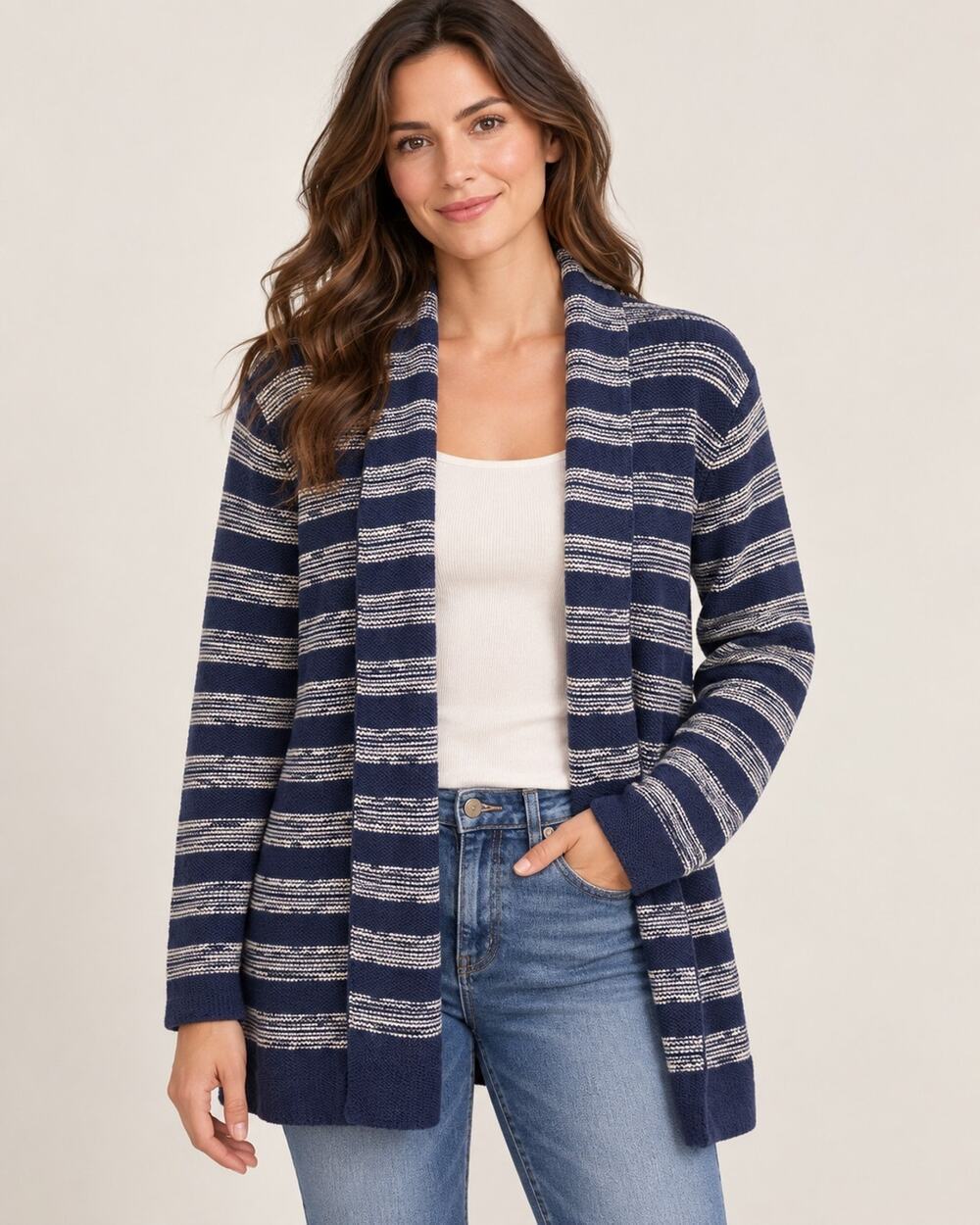 Lands End L 14-16 Navy Striped Cardigan Coastal Grandmother Preppy Open Front